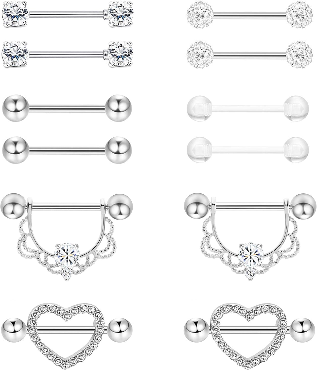 6 Pairs 14G 316L Stainless Steel Nipplerings Nipple Tongue Rings Women CZ Barbell Body Piercing Jewelry