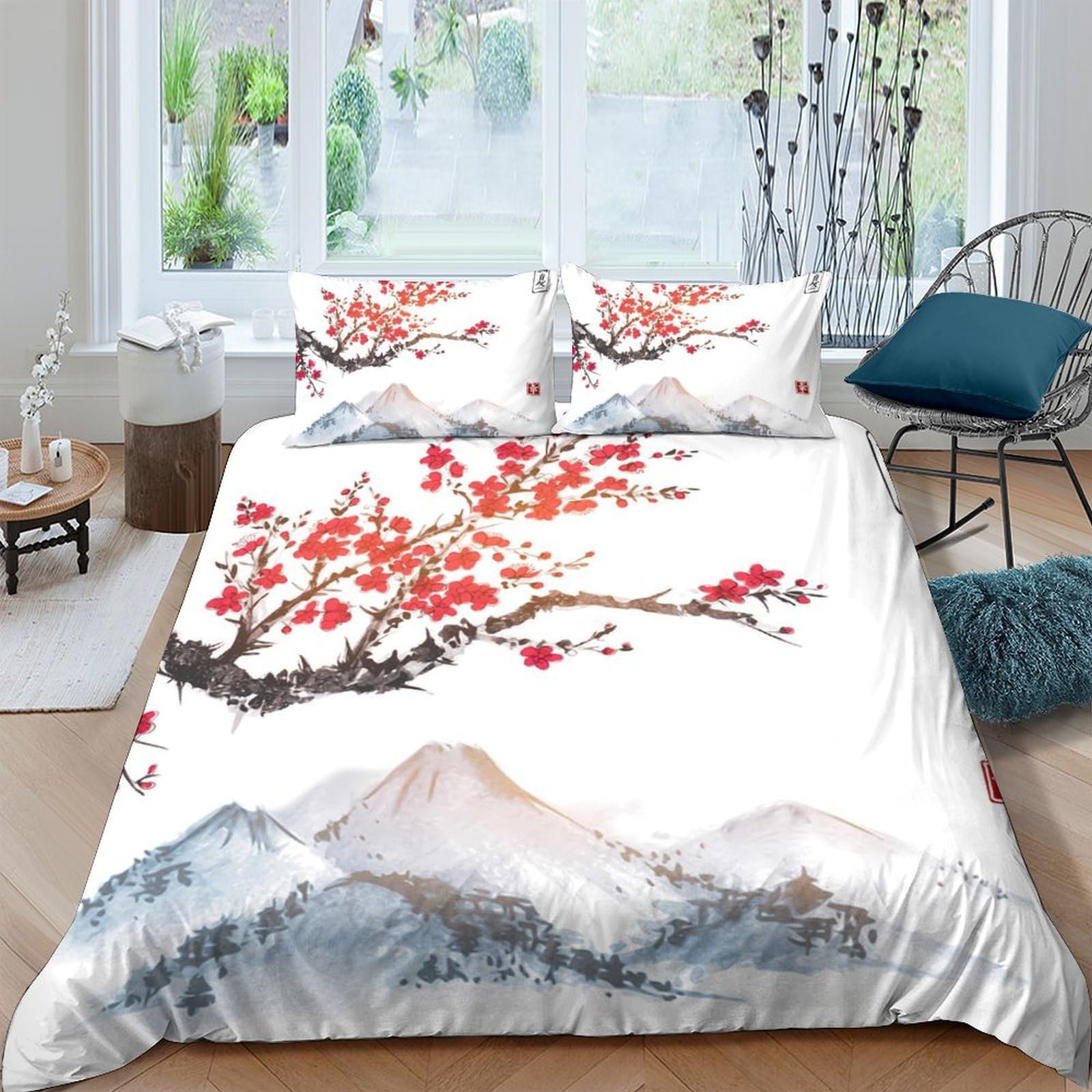 Ctjqhvkz Style-1 3D Printed Cherry Blossom Mountain Fitted Sheet Microfiber Soft Anti-Slip Bed Cover For Bedroom Guest Room Mattress Decor Single（135X200cm）