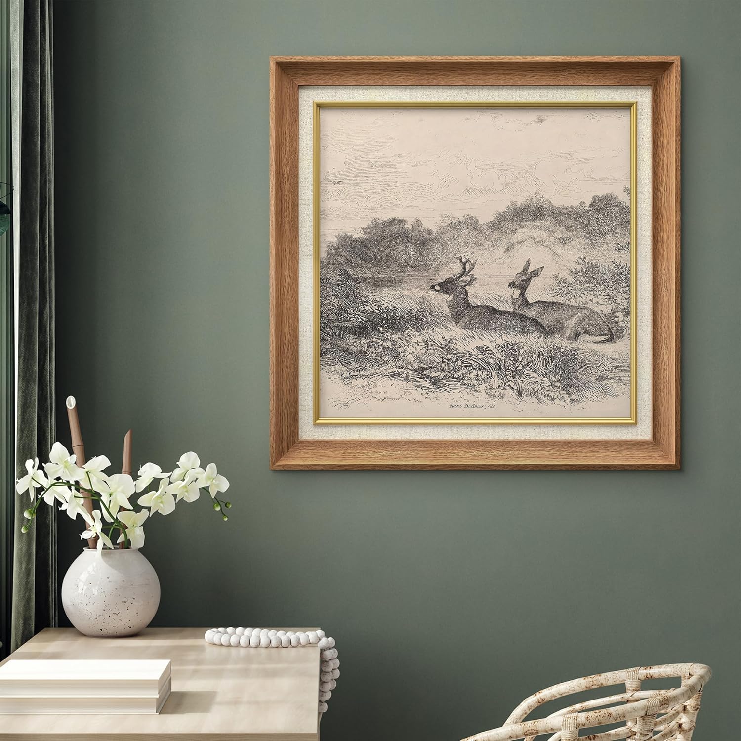 MUDECOR Premium Framed Wall Art Deer in Natural Habitat Antique Wildlife Classic Vintage Illustrations Fine Art Decorative Retro Historic Zen for Living Room, Bedroom, Office - 26"x26" Natural