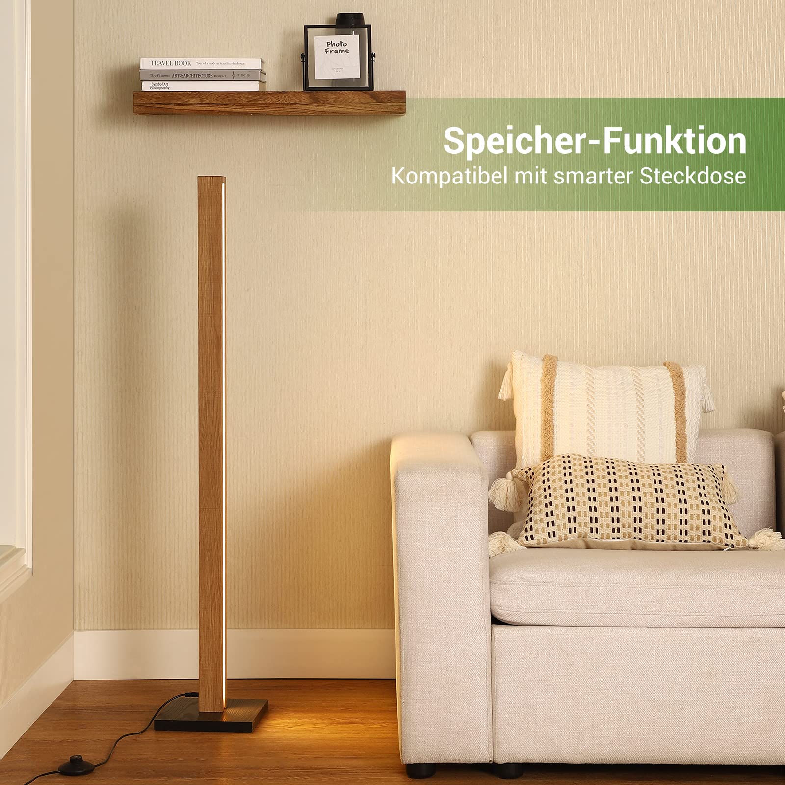 EDISHINE Stehlampe Holz, 18W LED Stehleuchte Dimmbar, Boho Ecklampe, 3000K warmweiß, Vintage Standleuchte mit Fußschalter, 800lm Lichtsäule für Wohnzimmer, Schlafzimmer, Büro