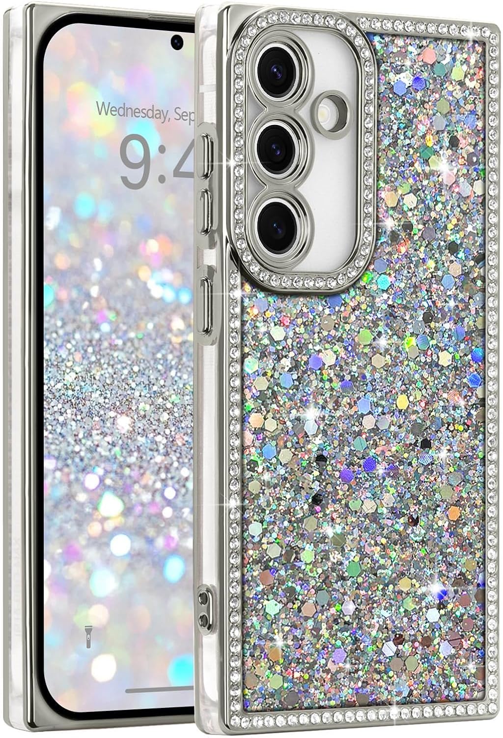 LAPOPNUT for Samsung Galaxy S25/S24 Case,Glitter Sparkly Crystal Diamond Rhinestones Rectangle Edge Phone Case for Girls Women,Cute Bling Sequin Shockproof Raised Camera Protection Cover,Silver