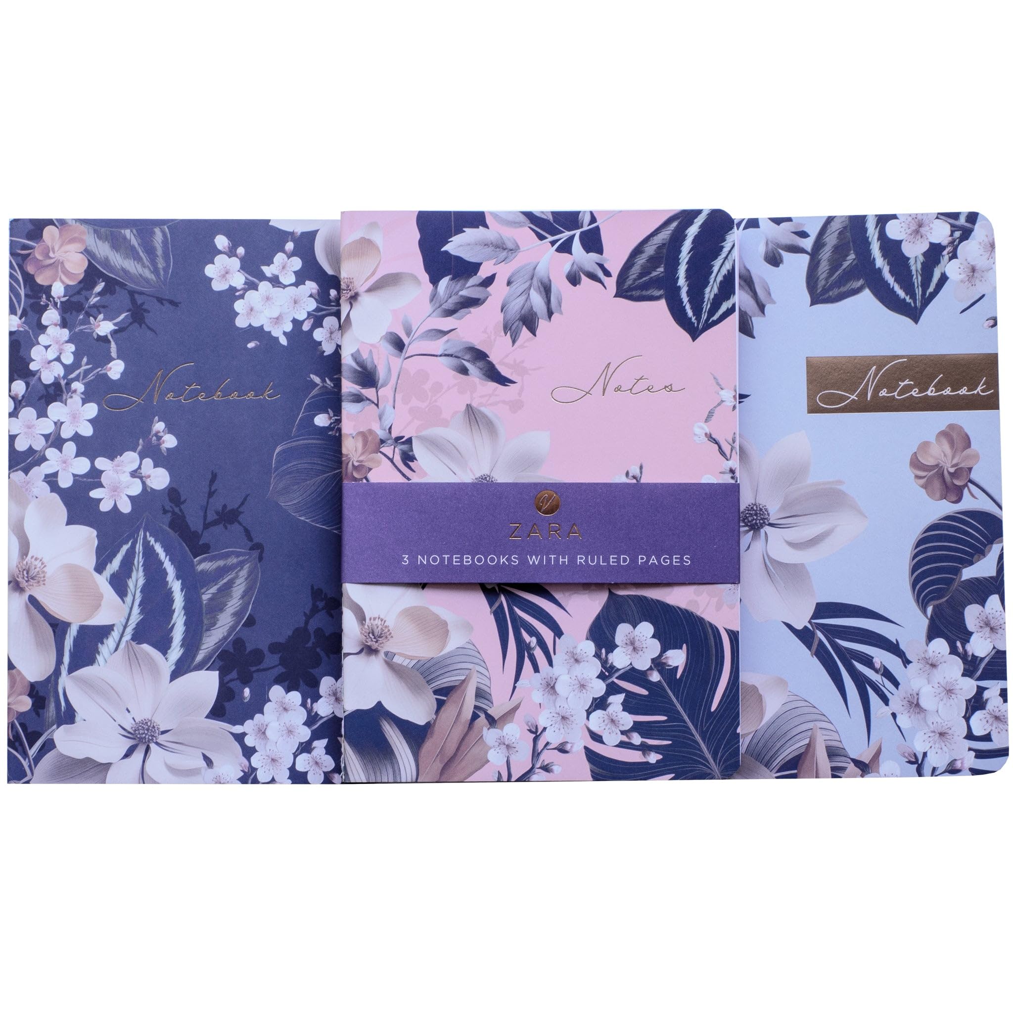 Design By Violet Zara Floral A5 Ruled Notebooks Pack of 3 for School