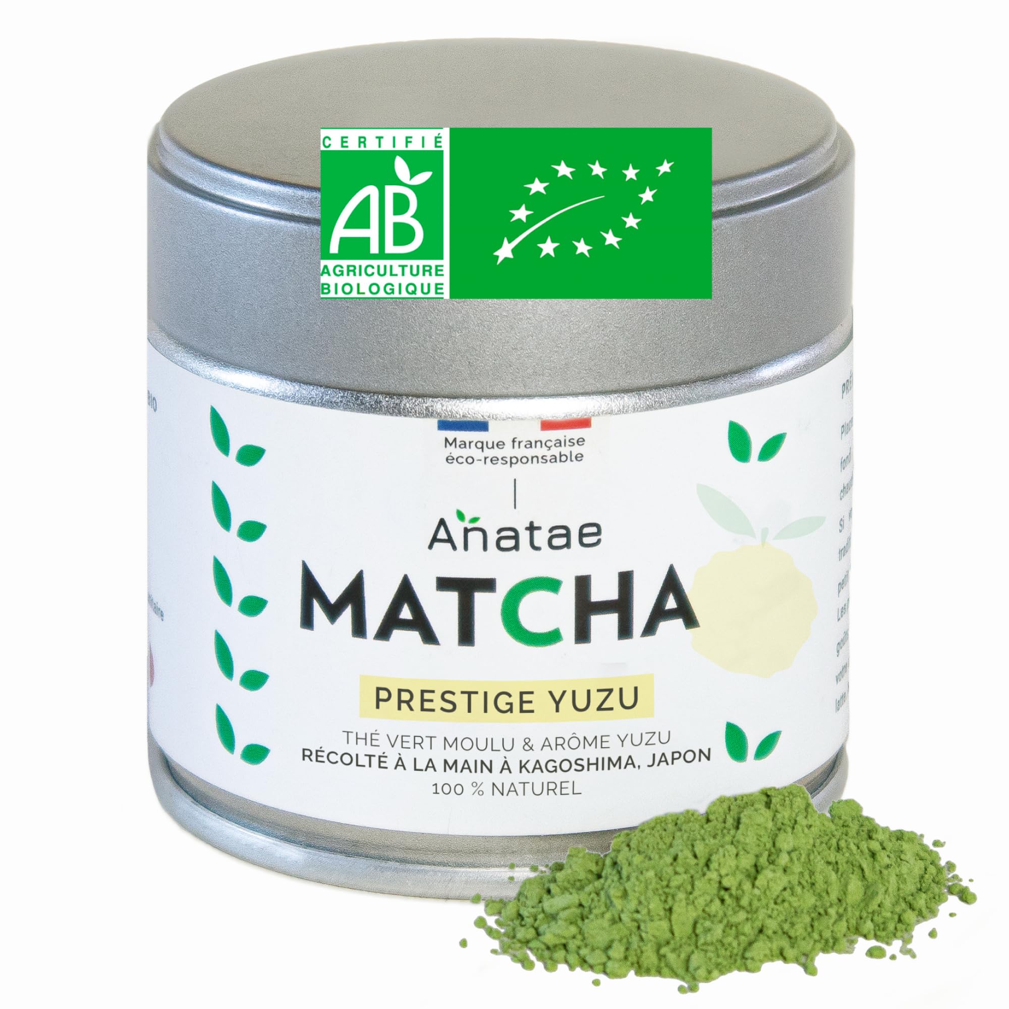 Anatae Marque française - Thé Matcha prestige yuzu bio - Amertume discrète - Poudre de thé vert matcha 100% BIO qualité premium - Récolté à la main à Nishio, Japon (30g)