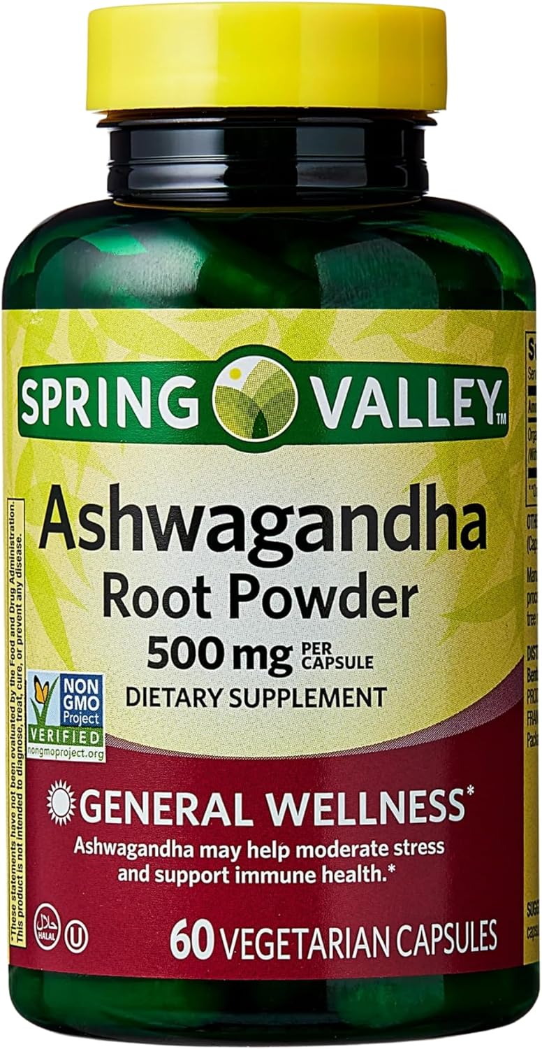 Spring Valley Ashwagandha, Ashwagandha 500mg Root Powder, 60 Capsules + (KPplus Sticker)