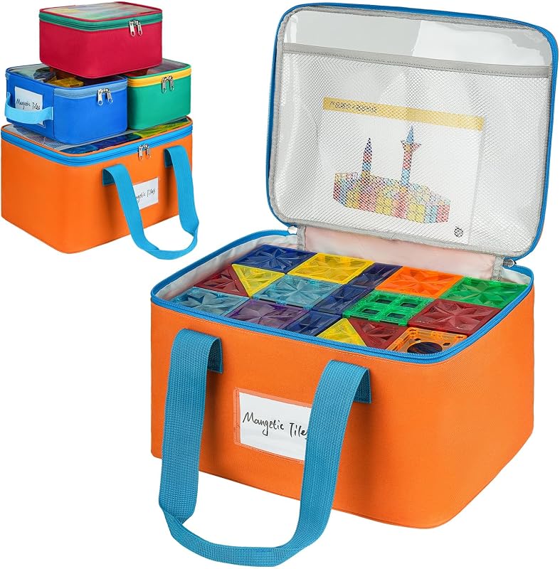 4 Packs Magnetic Tiles Storage Bags,Magnetic Tiles Storage Bin,Toy Organizer Case with Mesh Pocket and Tag Pocket for Magnet Building Tiles,Board Game,Puzzle and Lego Bricks