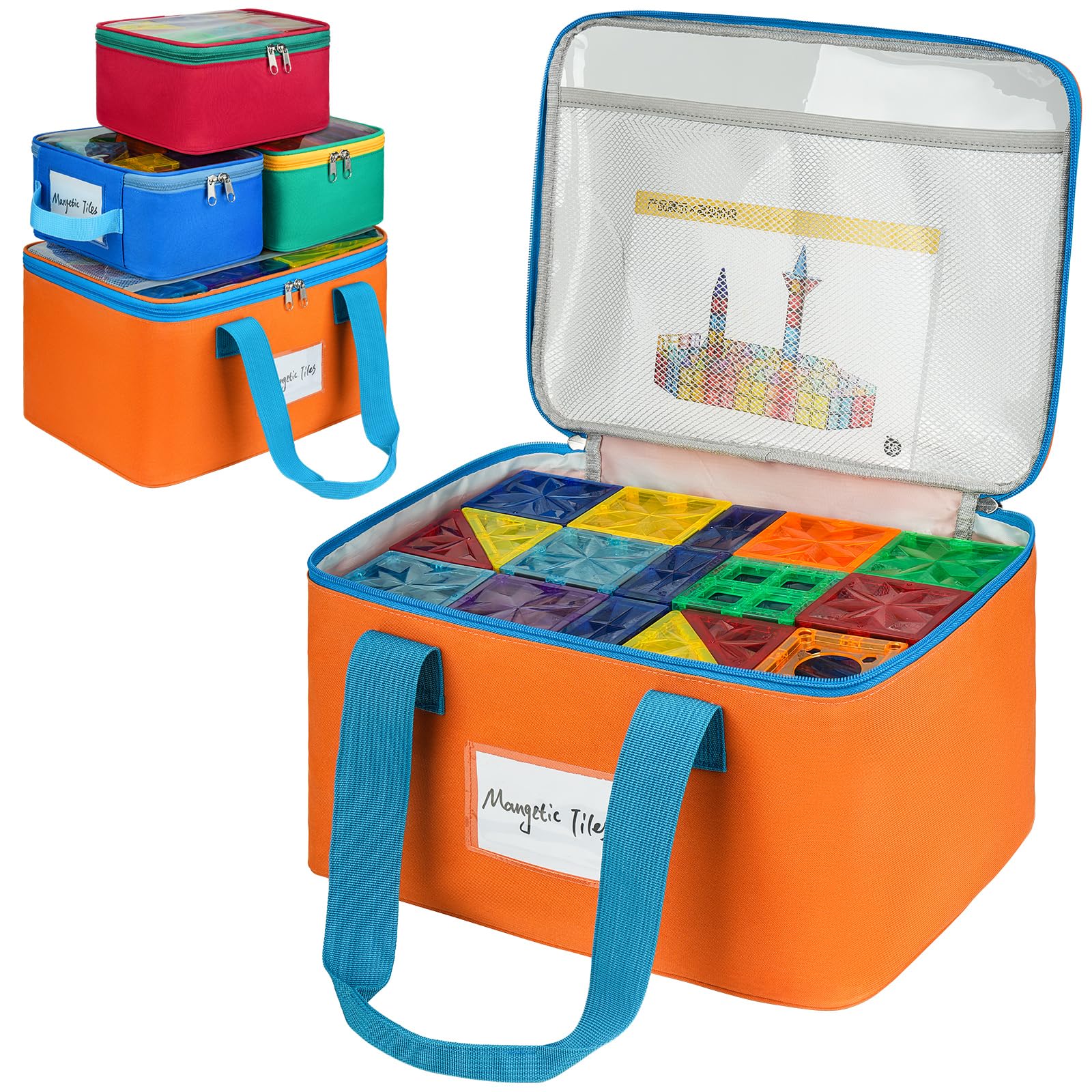 Jaffzora Magnetic Tiles Storage Bag - 4 Pack Large Organiser with Mesh & Label Pockets, Durable Water-Resistant Nylon, Ideal for Magnetic Building Tiles & Puzzle Toys