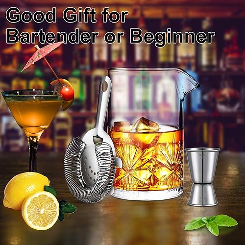 Miniatura 4 de Vaso mezclador de cóctel, kit de barman de cristal de 18 onzas, juego de cóctel de 3 piezas con colador, jigger, herramientas de bar, juego de