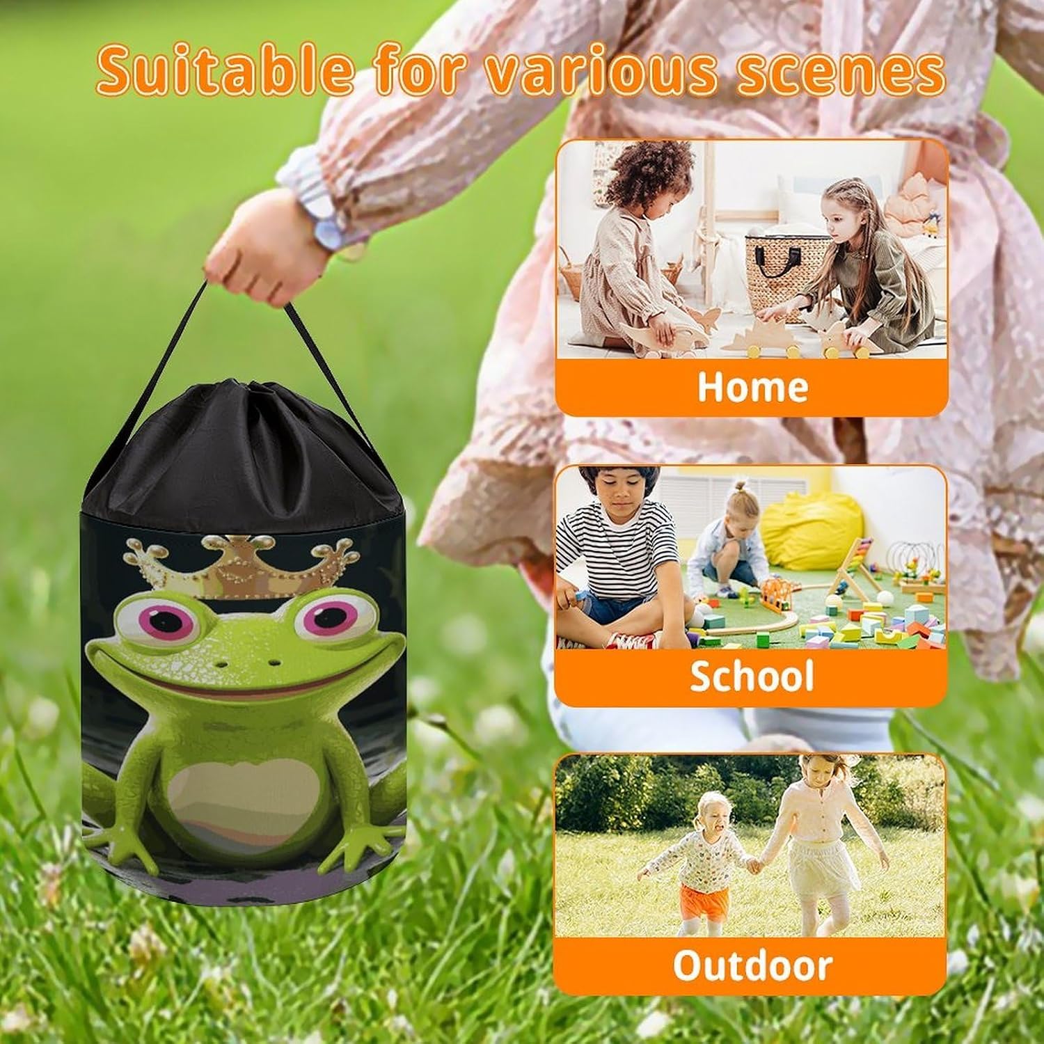 Crown Frog Storage Bag Large Reusable,Storage Box with Handle Drawstringm, Toy Storage Organizer Travel Case for Building Toys for Puzzles, Building Blocks, Board Game, Stationery, Books image 5