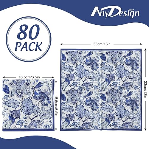 Miniatura 2 de AnyDesign Paquete de 80 servilletas de papel florales azules desechables con flores azules y blancas de 6.5 x 6.5 pulgadas, servilletas de mano