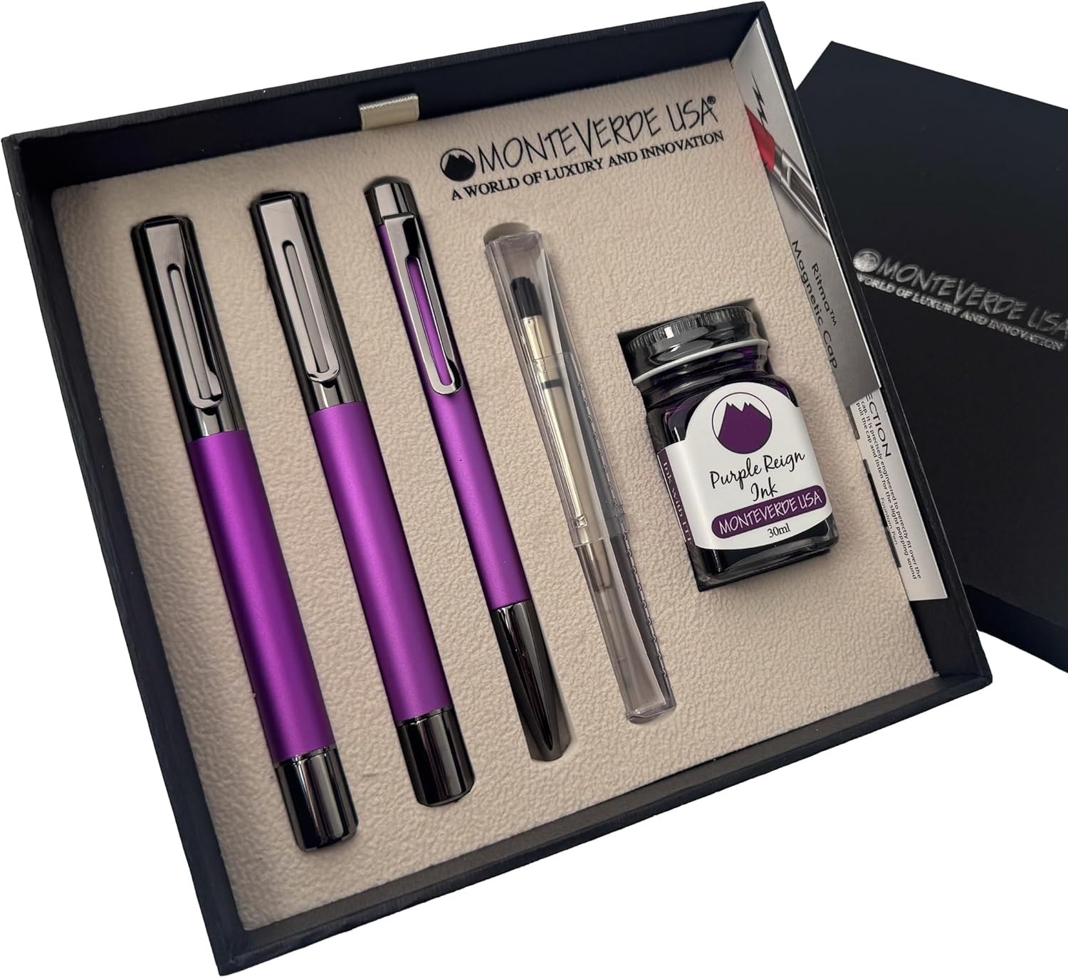 Monteverde Ritma 3+2 Piece Gift Set, Purple - Includes Broad Nib Fountain Pen, Rollerball, Ballpoint, 30ml Ink & Refill - Premium Writing Set for Professionals & Collectors
