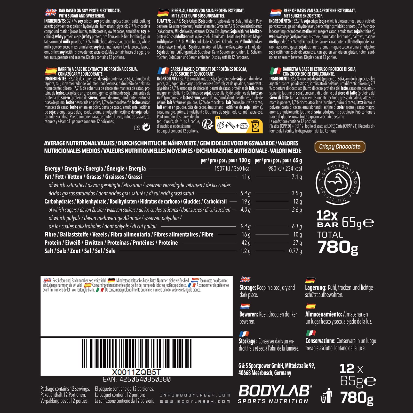 Bodylab24 Crispy Protein Bar Chocolat Crispy 12x65g, barre protéinée avec 27g de protéines par barre, snack fitness pauvre en sucre, barre protéinée croustillante avec beaucoup de fibres