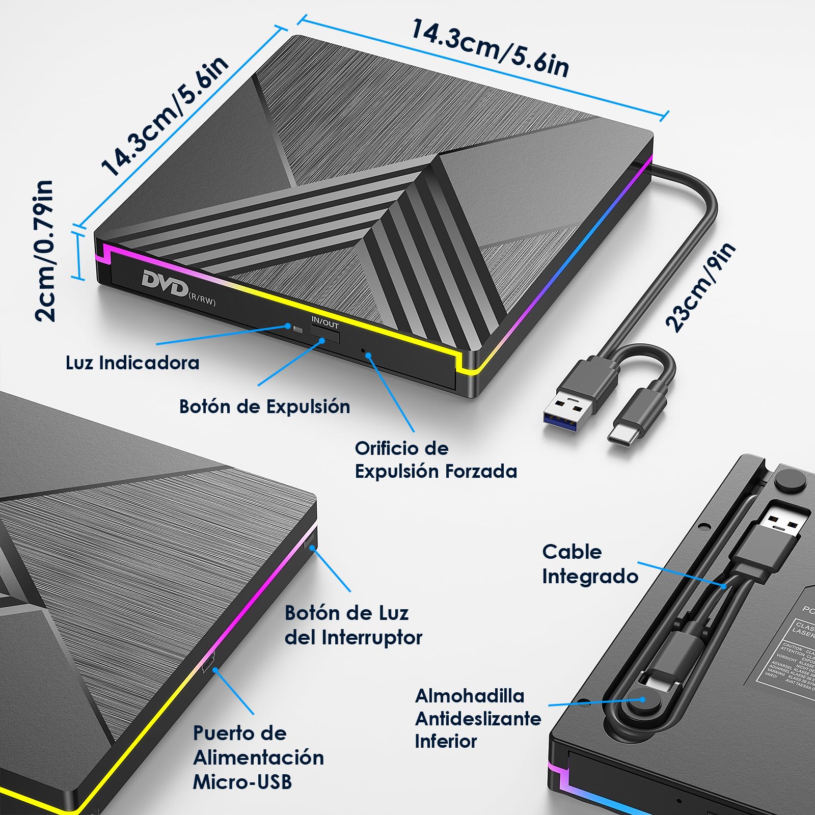 Lector CD DVD Externo, USB 3.0 y Type-C Grabadora CD DVD Unidad Externa, RGB Disquetera Externa CD DVD +/-RW Drive para PC Laptop Desktop MacBook Mac OS Win11/10/8/7/XP Linux Vista
