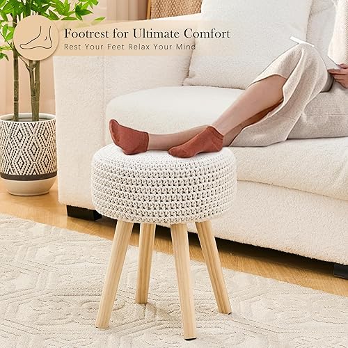 Miniatura 5 de Taburete redondo otomano de punto de algodón, taburete moderno con patas de madera antideslizantes para sala de estar, dormitorio, color blanco