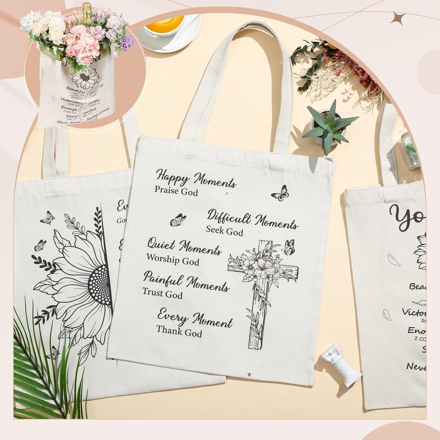 Paterr 6 Pcs Christian Tote Bag for Women Floral Bible Aesthetic Tote Cute Reusable Religious Canvas Bags for Vacation Bible School Church Grocery Shopping Travel Beach Birthday(Christian) - Image 3