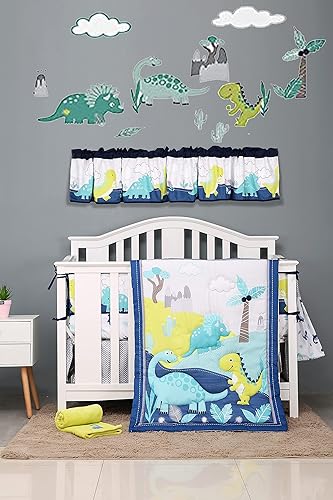 Juego de ropa de cama de cuna de dinosaurio azul T-Rex con temática de dinosaurio para bebé, juego de ropa de cama + sábana bajera + falda + cenefa