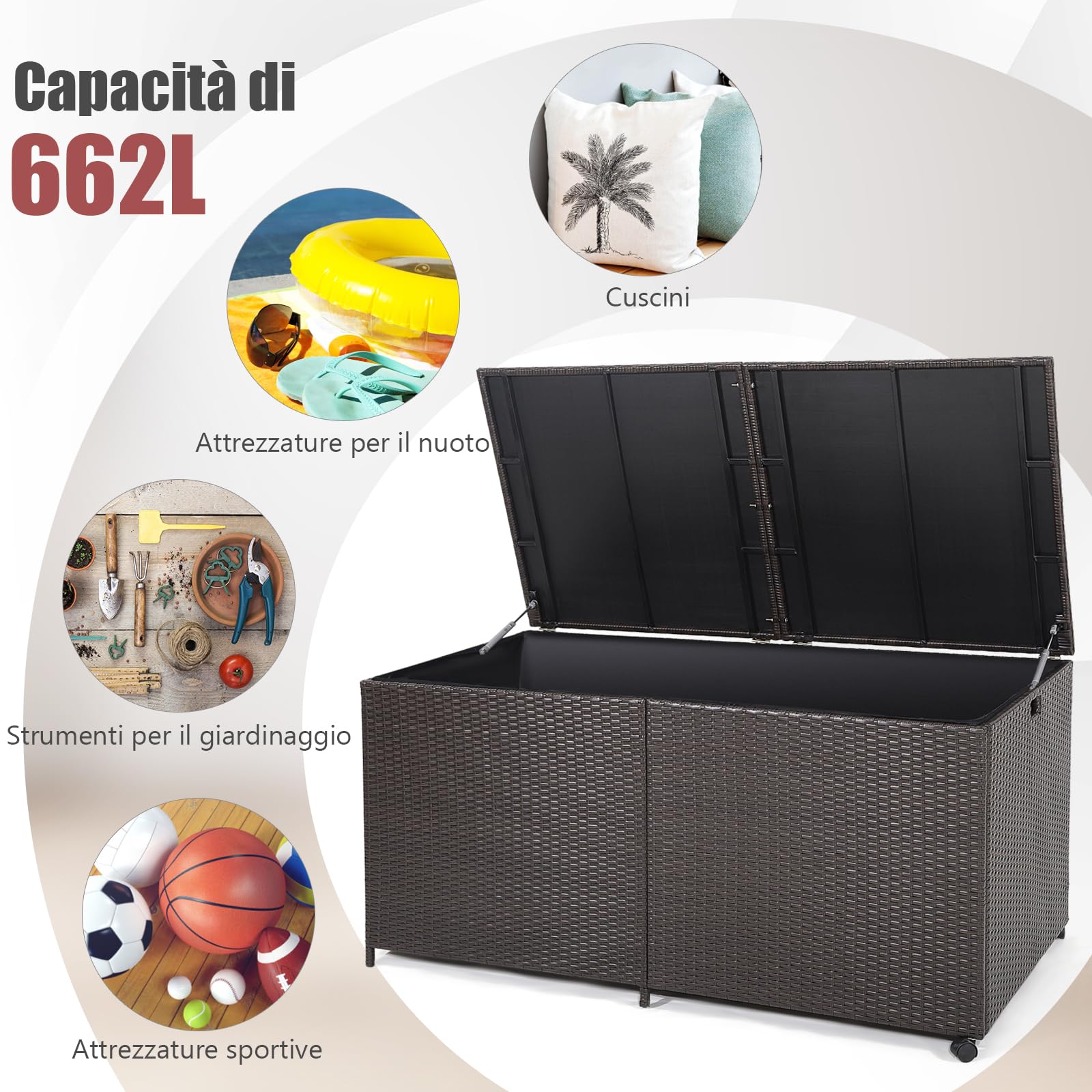 GYMAX Cassapanca per Terrazze da 662 L, Contenitore con Coperchio per Esterni in Vimini Misto, Baule da Giardino con Cerniera, 2 Ruote e Asta Pneumatica, 150 x 77 x 73 cm