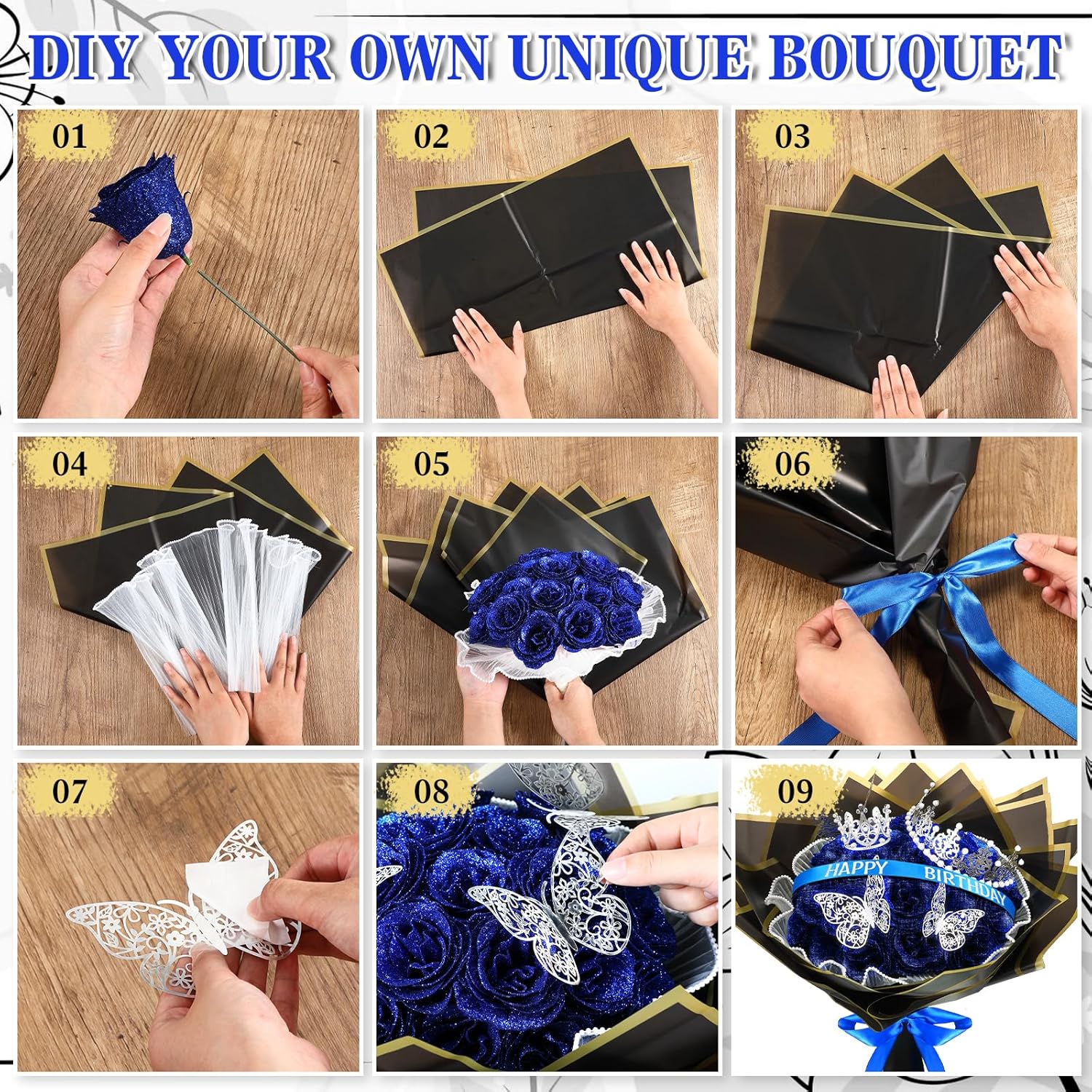 24 Pcs Valentines Glitter Roses Bouquet Gifts Artificial Rose DIY Flower Bouquet Kit Birthday Gifts Flower Wrapping Paper 3D Butterflies Crowns for Anniversary (Royal Blue) - Image 2