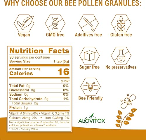 Miniatura 4 de Alovitox Gránulos de polen de abeja | Superalimento 100% crudo lleno de antioxidantes, proteínas, vitaminas, minerales, carbohidratos | Energizante