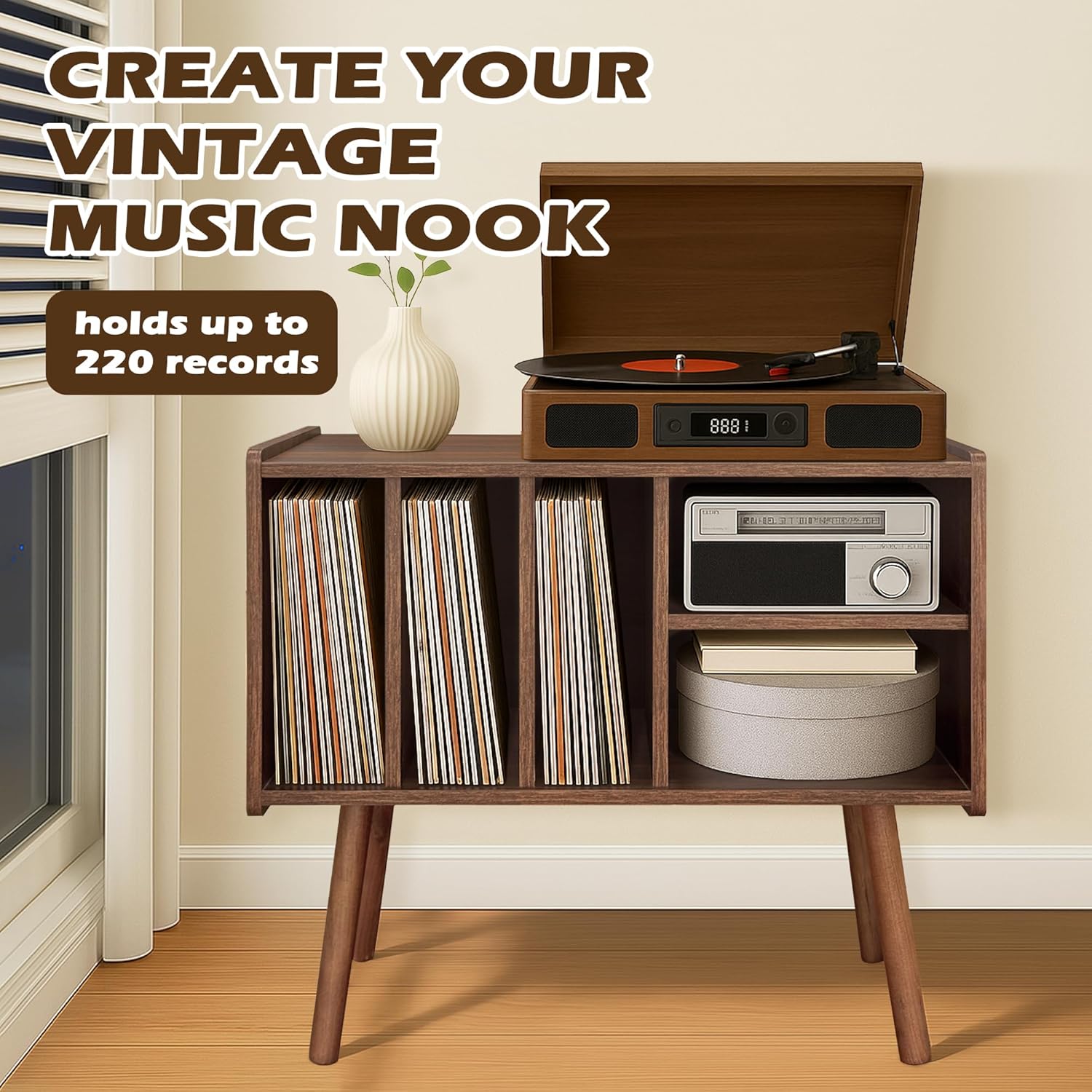 Record Player Stand with Vinyl Storage, Wooden Record Player Table with 5 Cabinet, Large Vinyl Record Player Stand, Record Player Holder, Record Player Shelf for Office Living Room, Walnut