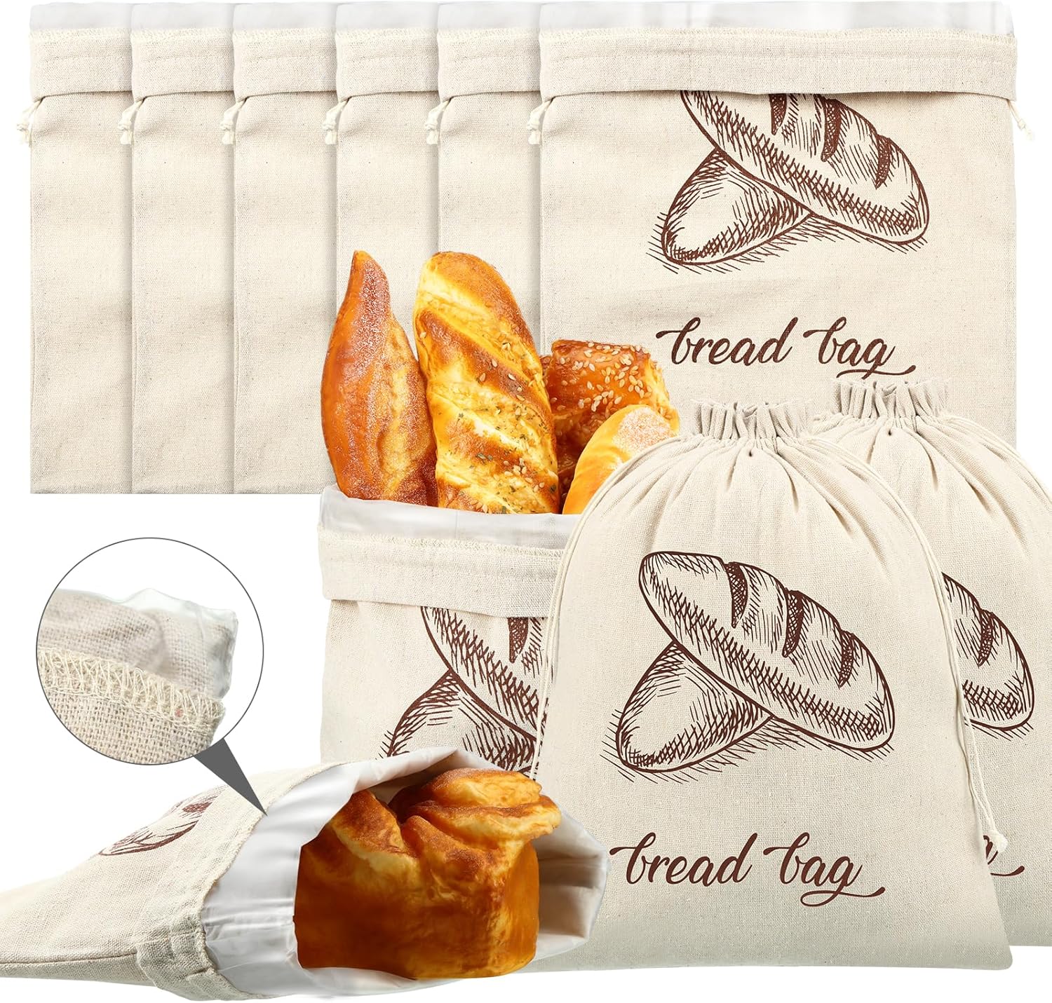 Woanger 6 Pcs Linen Bread Bags for Homemade Bread Storage