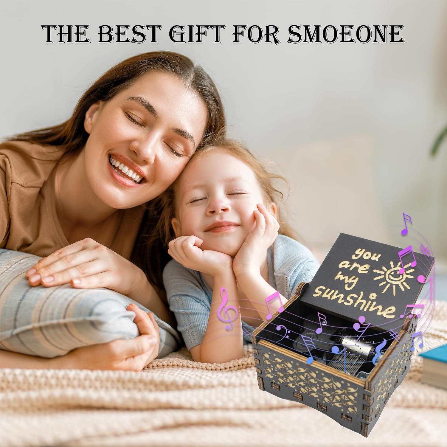 Wooden Music Box Gift for Birthday Christmas Best Friend Present (Black, Sunshine)