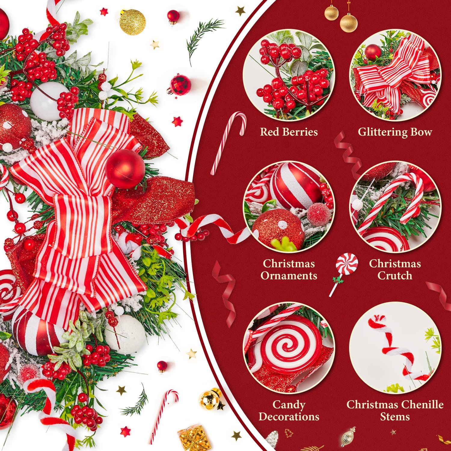 Christmas Wreath, 17-24 Inch Christmas Wreaths for Front Door with Lights Balls Red Bows Candy Canes Berries Pine Needles Greenery Wreath Xmas Decoration Ornaments Rustic Wall Porch Home Party Decor