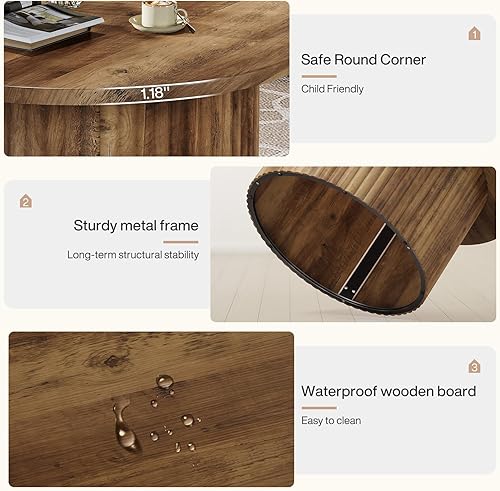 Miniatura 6 de Tribesigns Mesa de centro redonda de 31.5 pulgadas, mesa central circular de granja con base de tambor acanalada y parte superior de chapa de grano