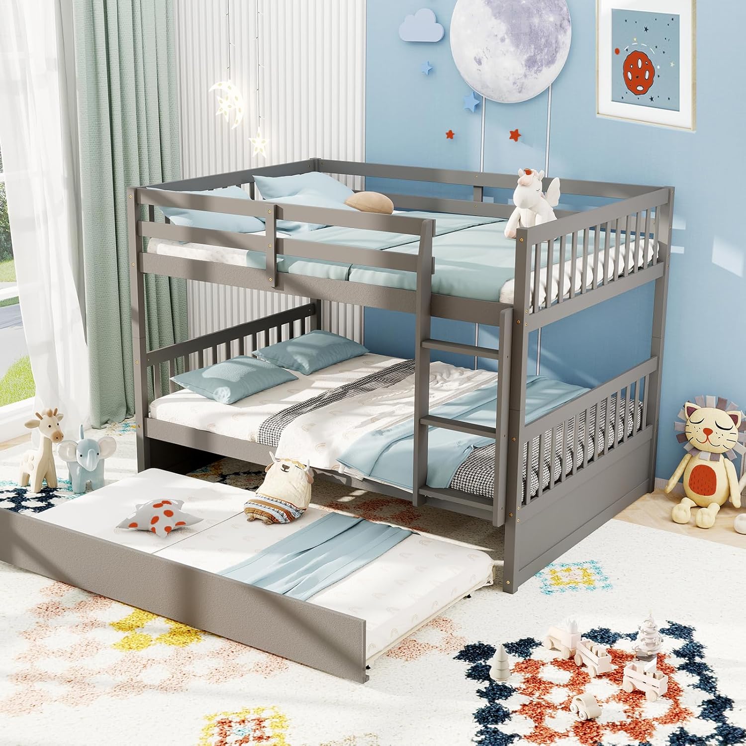 MAT EXPERT Bunk Bed with Trundle, Pine Wood Full Over Full Bunk Beds Frame with Full-Length Guardrails & Ladder, Detachable Bunk Beds Twin Over Full Size for Adults, Teens, Kids (Grey)