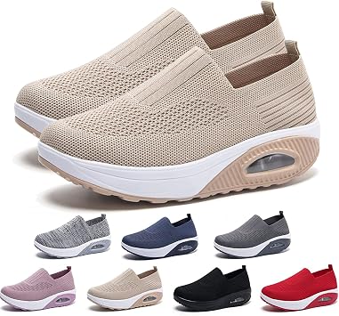 Womens Orthopedic Sneakers, Comfortable Air Cushion Walking Shoes, Slip On Shoes US 6.5-7, Khaki