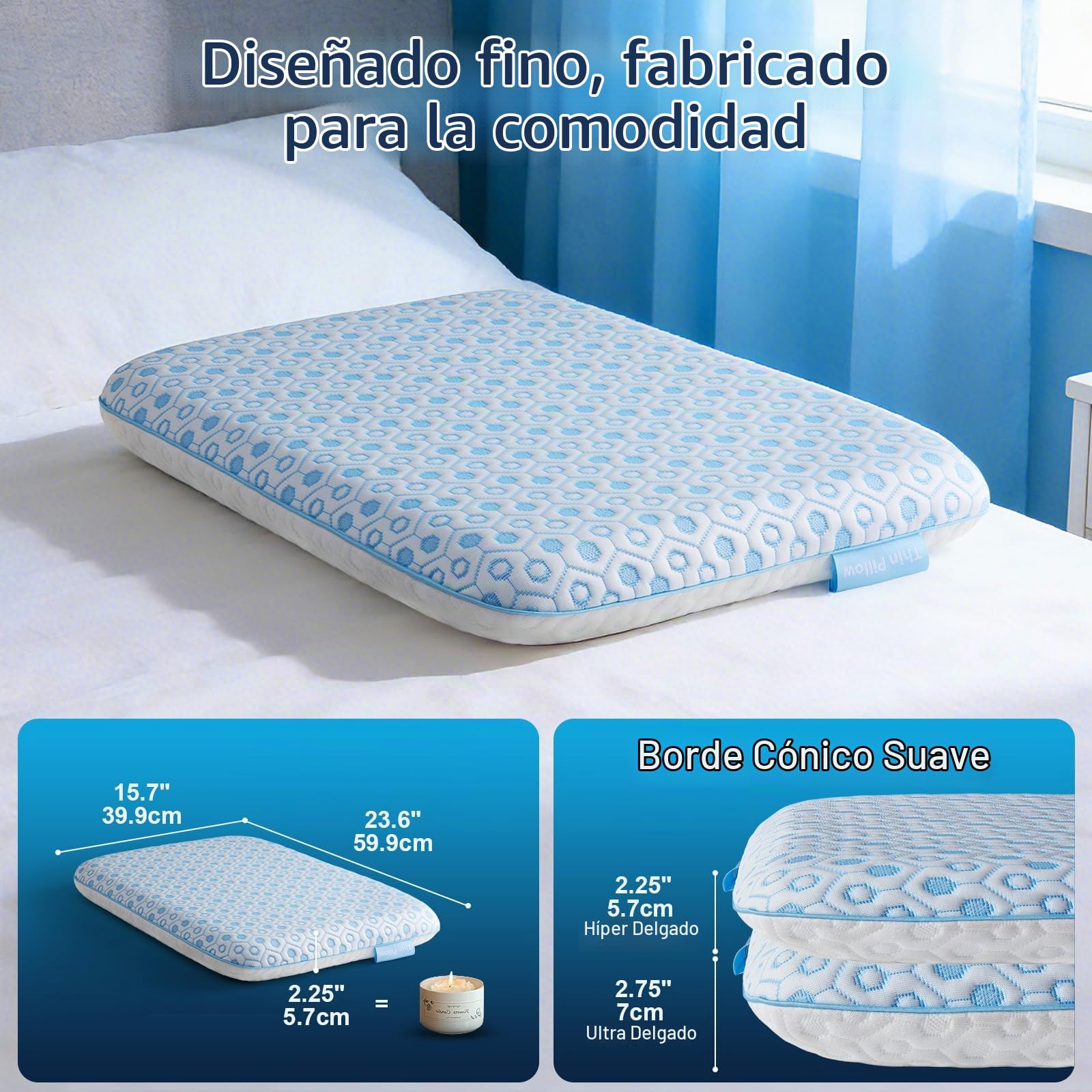 Niceeday Almohada de espuma viscoelástica ultrafina, 5,7 cm, almohada plana de apoyo cervical con gel refrescante, almohada plana transpirable para dormir boca abajo y espalda, funda lavable