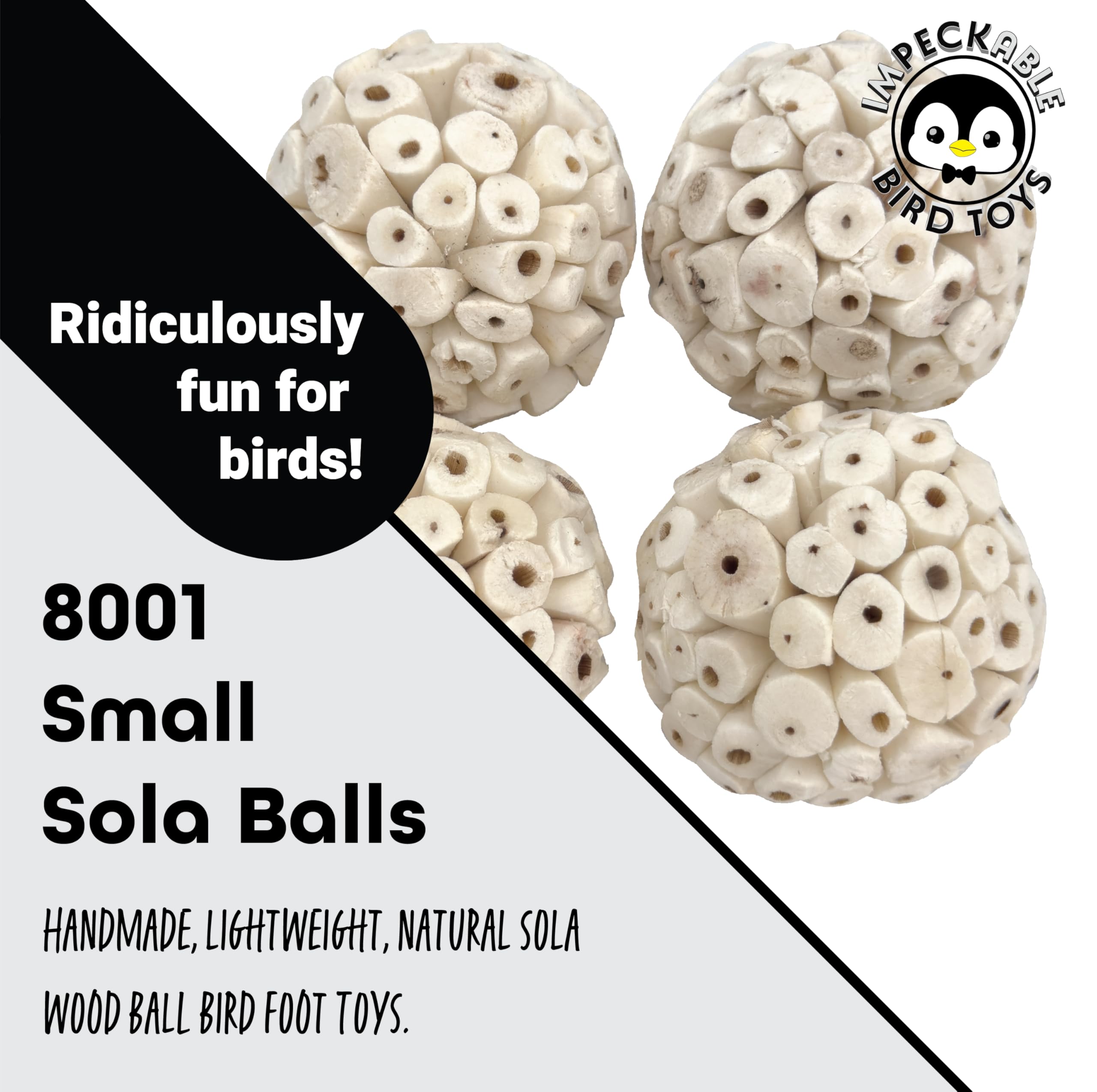 9001 Pk4 3.2 Inch Handmade Sola Wood Balls - Natural Bird Toys for Cage - Soft Shreddable Chewing Foot Toys for Cockatiel, Parakeet, Parrot & Conure - Safe Foraging Birdcage Accessories & DIY Parts - image 2
