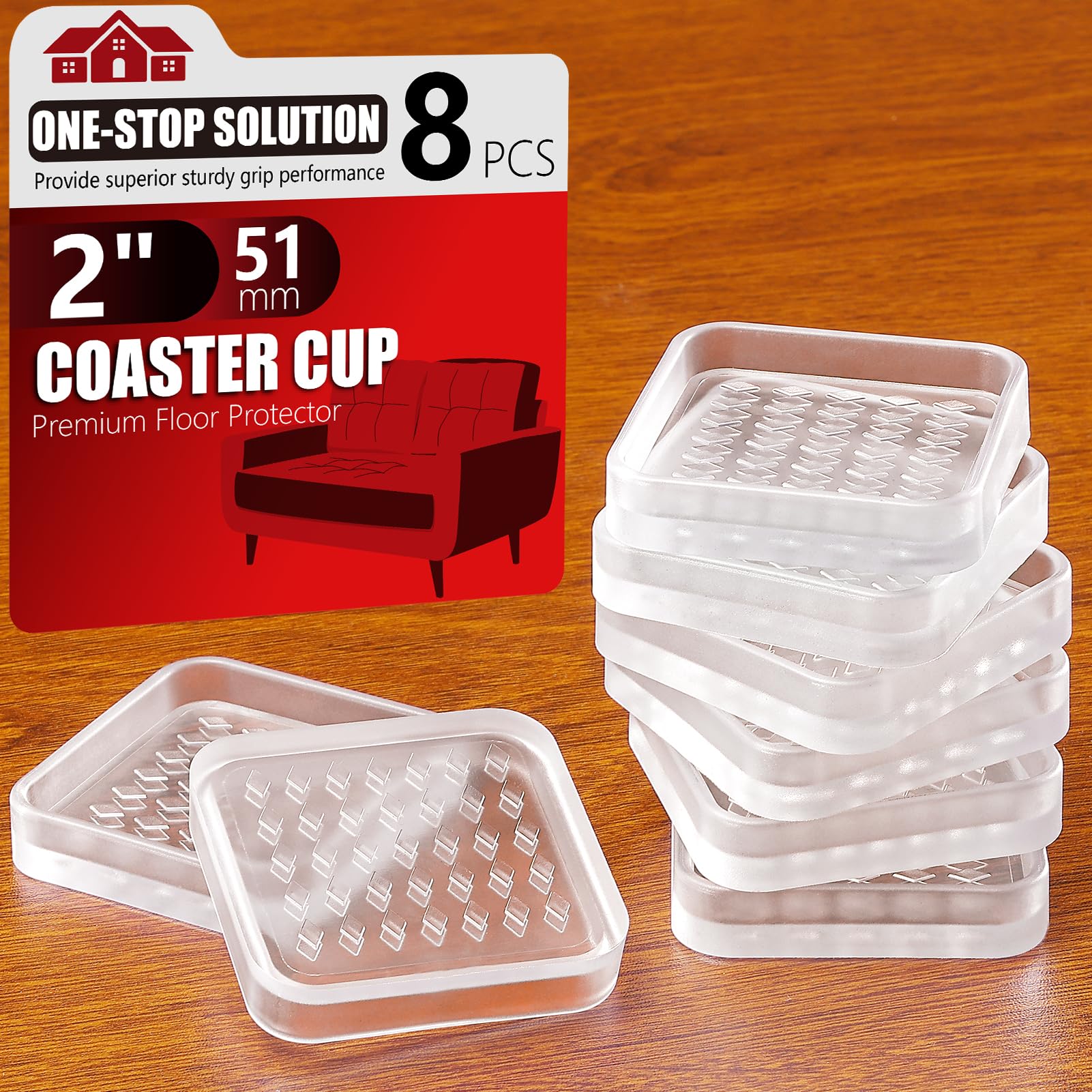 Non Slip Furniture Pad for Hardwood Floor, 8 Pcs 2" Clear Furniture Coaster Cup, Odorless & No-Stain Anti Slip Rubber Grippers | Heavy Duty Floor