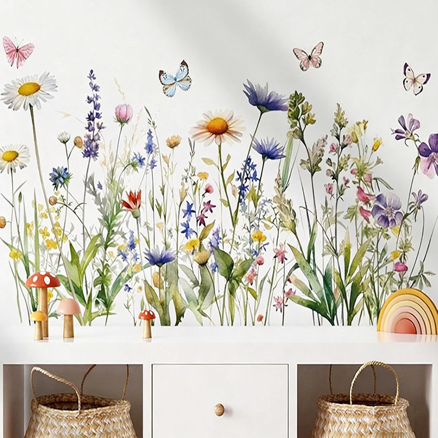 Spring Summer Wild Flowers Window Clings Vintage Wildfloral Butterflies Glass Sticker Decal Anti Collision Double-Side Static Window Stickers for for Girls Bedroom Living Room Nursery Décor