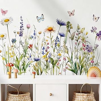 Spring Summer Wild Flowers Window Clings Vintage Wildfloral Butterflies Glass Sticker Decal Anti Collision Double-Side Static Window Stickers for for Girls Bedroom Living Room Nursery Decor