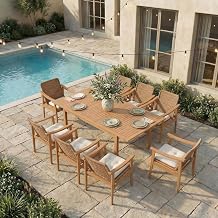 SUNSITT 9-Piece Outdoor Patio Dining Set, 59" - 79" Acacia Wood Expandable Outdoor Table Set and 8 Woven Rattan Chairs w/Removable Cushions for Backyard, Porch, Deck
