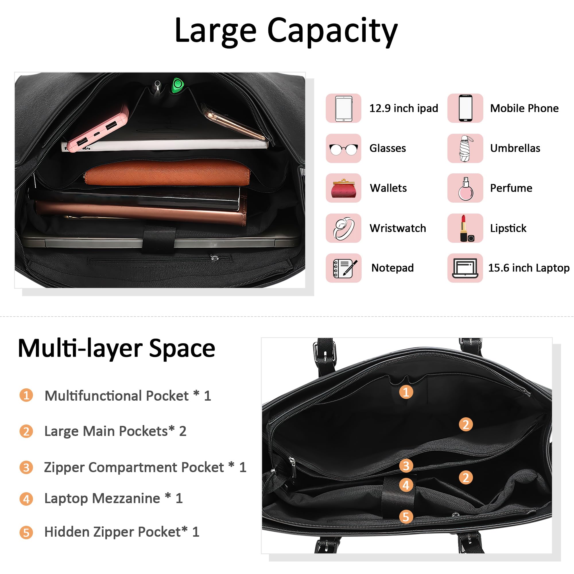 Grande Donna Borse Tote per Laptop da 15,6 Pollici Classica Borsa a Mano Multiple Tasche Borsa a Tracolla per Viaggio Università Lavoro Vacanza Casuale Donna PU Pelle Borse a Spalla
