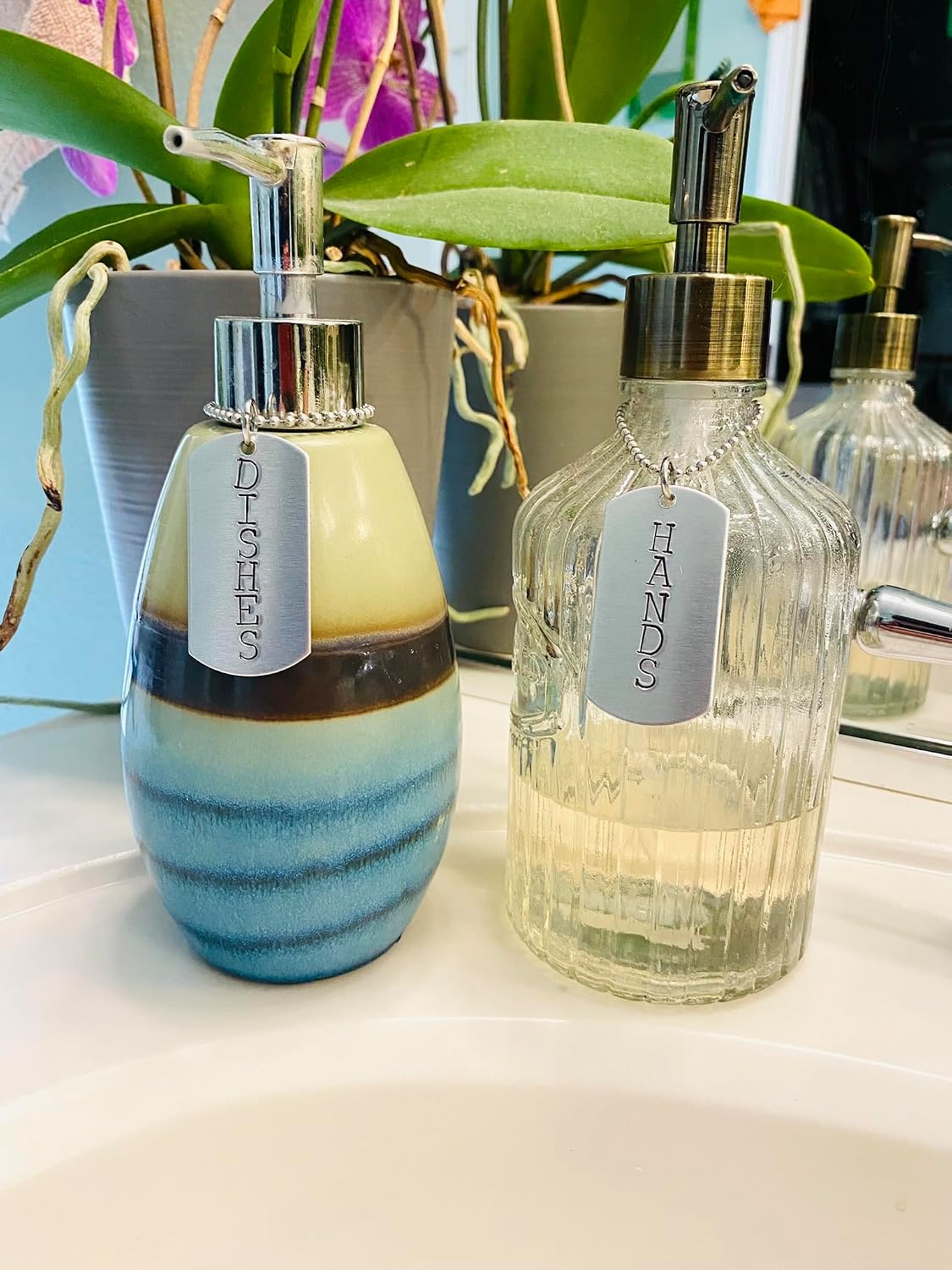 Hand & Dish Soap Bottle Labels Dispenser Set of 2 or 3 (Optional "Lotion" add-on) | Hand-Stamped Hanging Tags for Kitchen Organization | Housewarming Gift (3 Piece Hand & Dish Soap & Lotion)