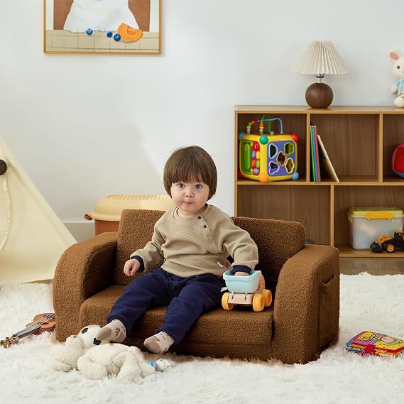 Toddler Chair, Extra Wide Foldable 2-in-1 Kids Couch, Brown | Toddler Couch Comfy for Playing, Reading, Napping, Convertible Soft Baby Sofa to Lounge Chair, Removable Washable Cover