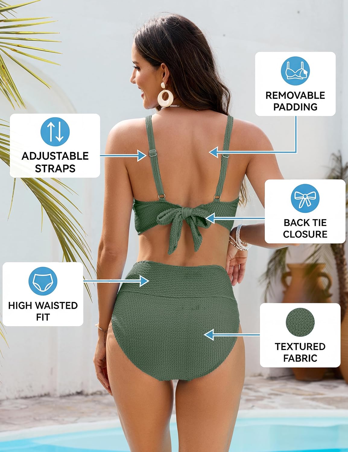 Blooming Jelly Womens High Waisted Bikini Set Tummy Control V Wire Crinkle 2 Piece Swimsuit Modest Full Coverage Bathing Suit - Image 4