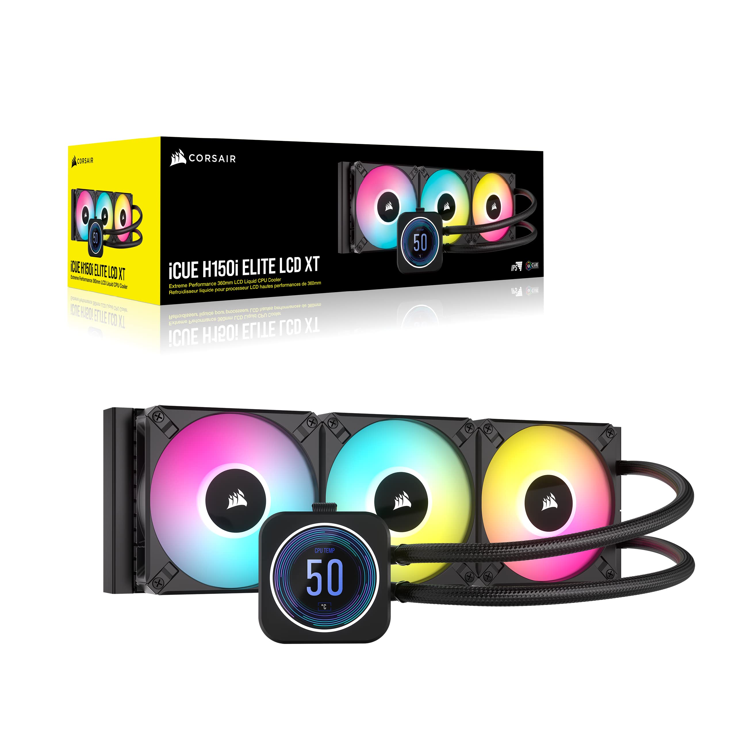 Corsair iCUE H150i Elite LCD XT Refroidisseur de CPU Liquide - Écran LCD IPS - Trois Ventilateurs AF120 RGB Elite - Radiateur 360mm - Convient à Intel® LGA 1700, AMD AM5, et Plus - Noir