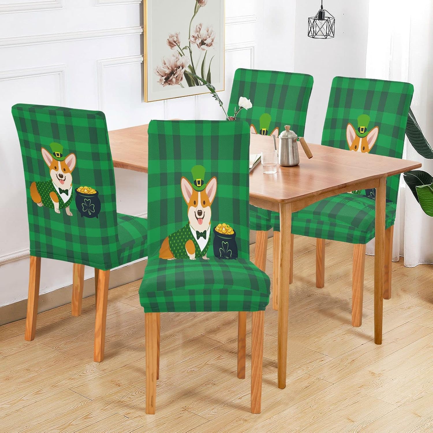 Patricks Day Corgi Dog Dining Room Chair Covers Green Buffalo Check Chair Slipcovers Stretch Seat Protector Removable Chair Cover For Home Kitchen Restaurant Hotel 4pcs
