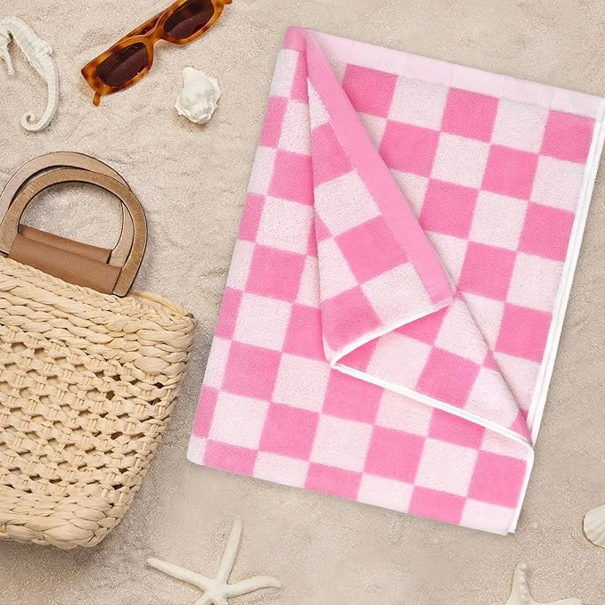 Checkered Beach Towel Pink - Oversized 35" x 70" for Women Girls, Cotton Quick Dry Pool Towel for Cabana, Travel, Summer Vacation