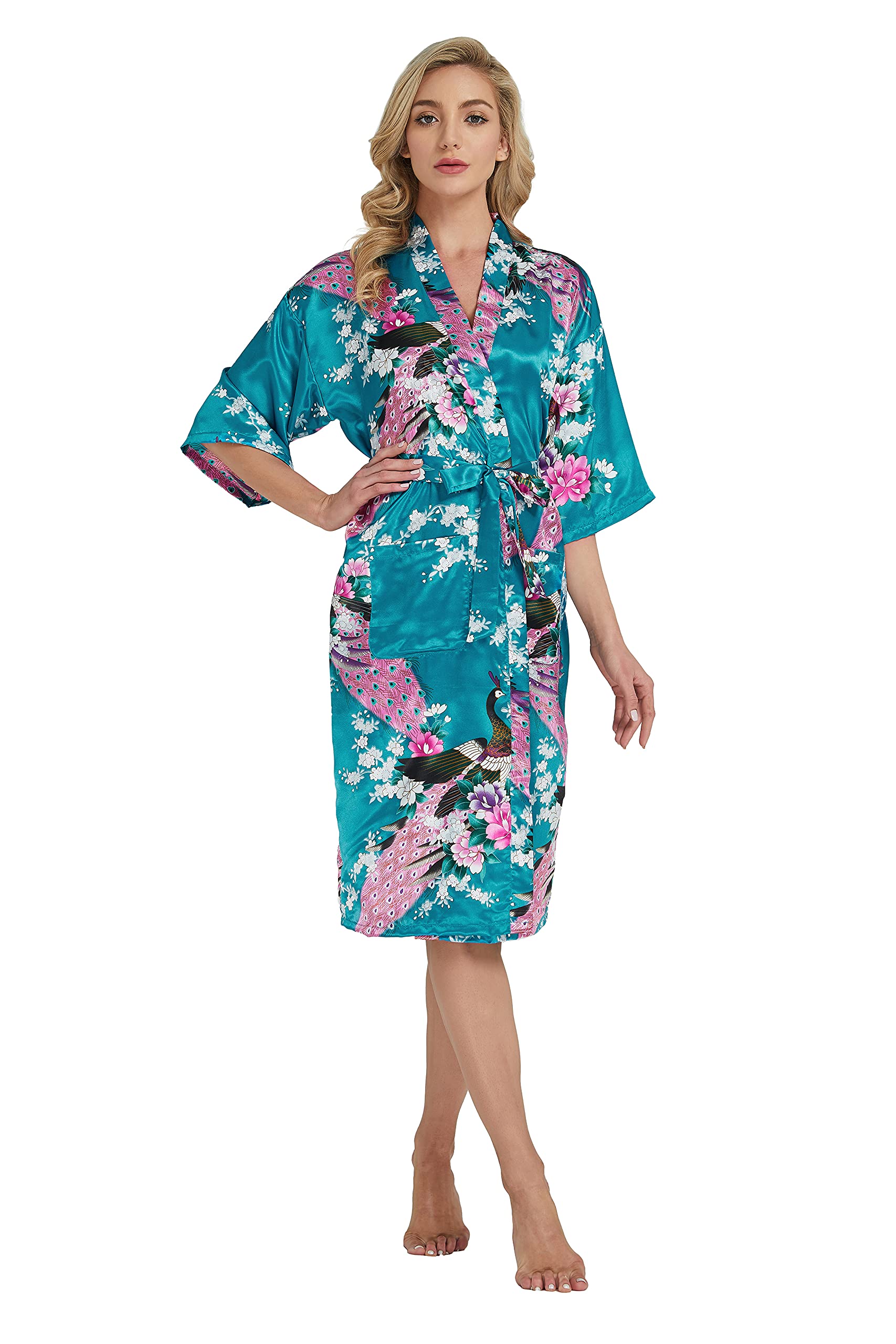 Westkun Kimono Japones Mujer Albornoz Vestido de Satén Pavo Real Novia Pijamas Largo Sexy y Elegante de Seda Bata Camisón Robe Lencería Cardigan
