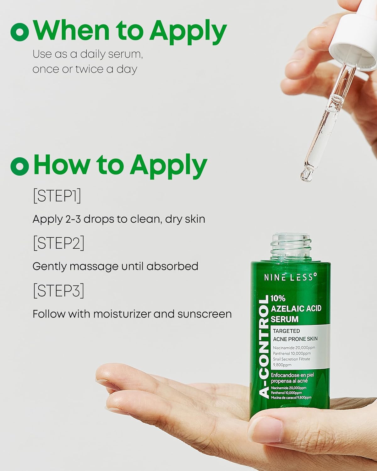 Nineless 10% Azelaic Acid Serum with Niacinamide & Snail Mucin - Redness Relief & Dark Spot Corrector for Face - Facial Serum for Acne-Prone, Oil Control & Pore Care 1.01 fl.oz - Image 6