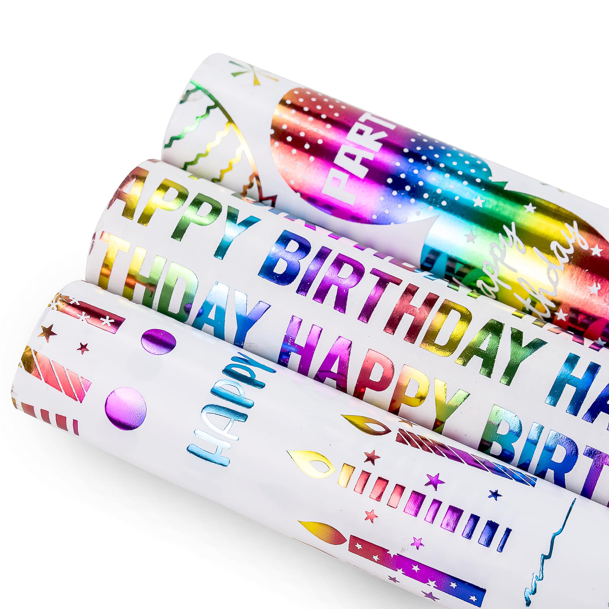 Gift Wrapping Paper Roll โ Birthday Sheet 3 Foil Rolls 300 cm by 43 cm Each Gift Wrapping Paper for Birthday Wrapping Paper for Boys, Girls, Adults rolls with Party Balloons, Candles & Happy Design