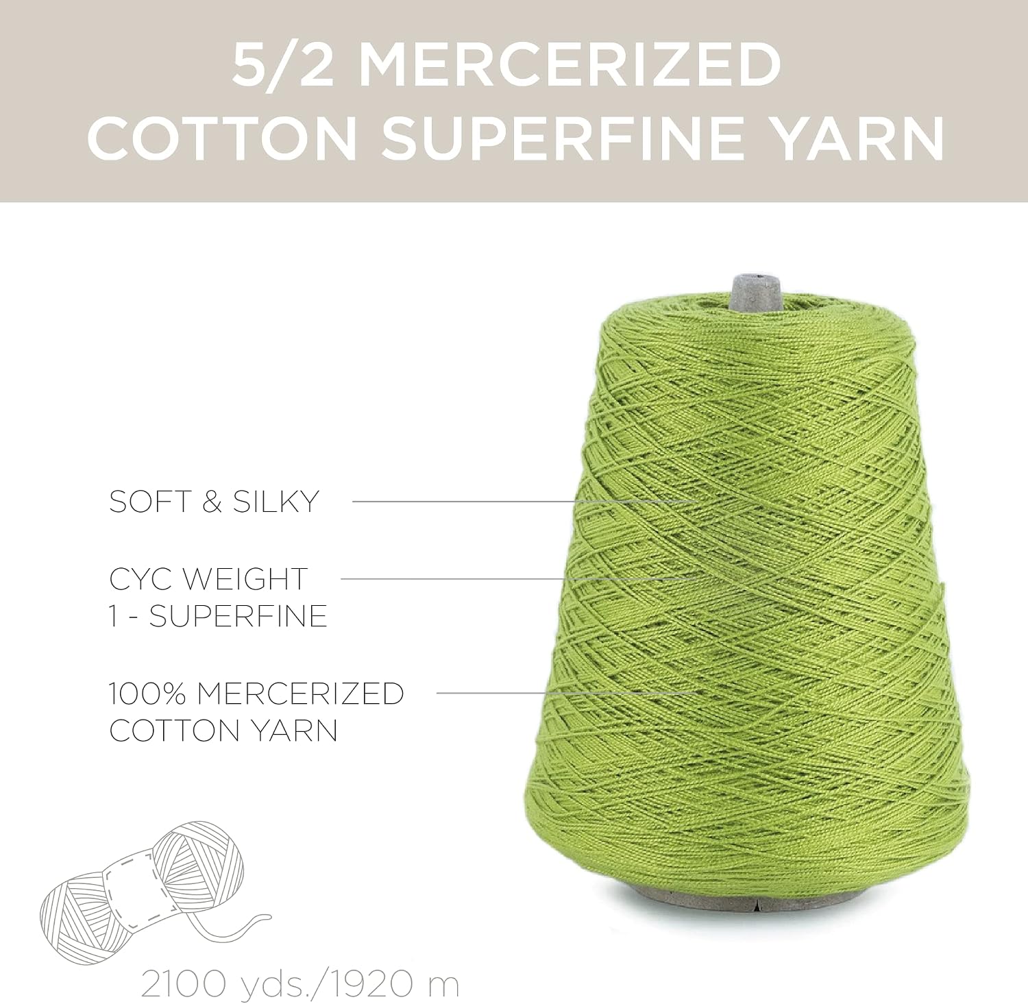 Silk City Fibers, 5/2 Perle Mercerized Cotton Yarn for Machine Knitting, Weaving and Crochet, Chartreuse, 1 Cone, Designer Yarn for Premium Garments, Delicate Shawls and Fingering Weight Projects