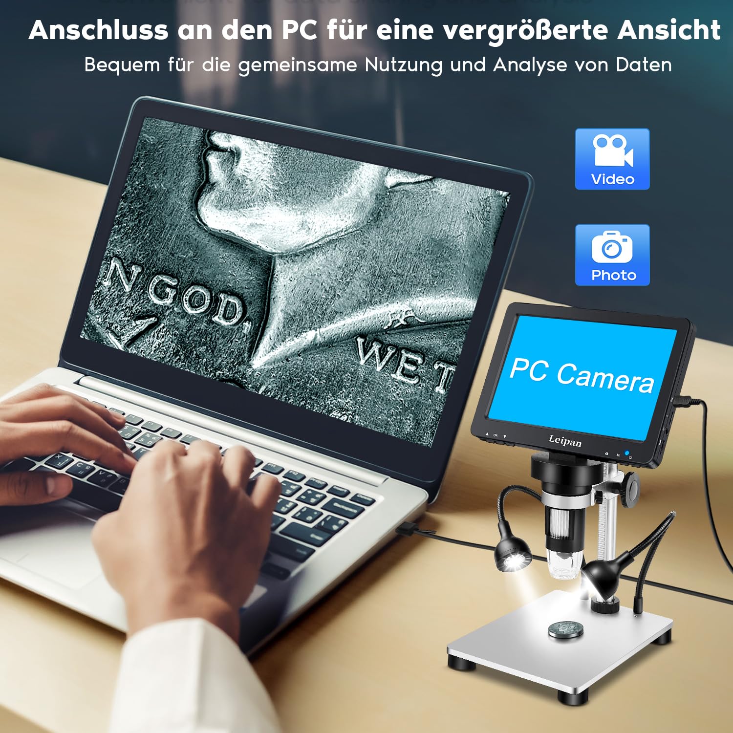 Leipan 7" LCD Mikroskop Digital 1200X mit Bildschirm, 12MP USB Microscope für 1080P Video, inkl., Beleuchtung & Fernbedienung, Kompatibel mit Windows/Mac OS