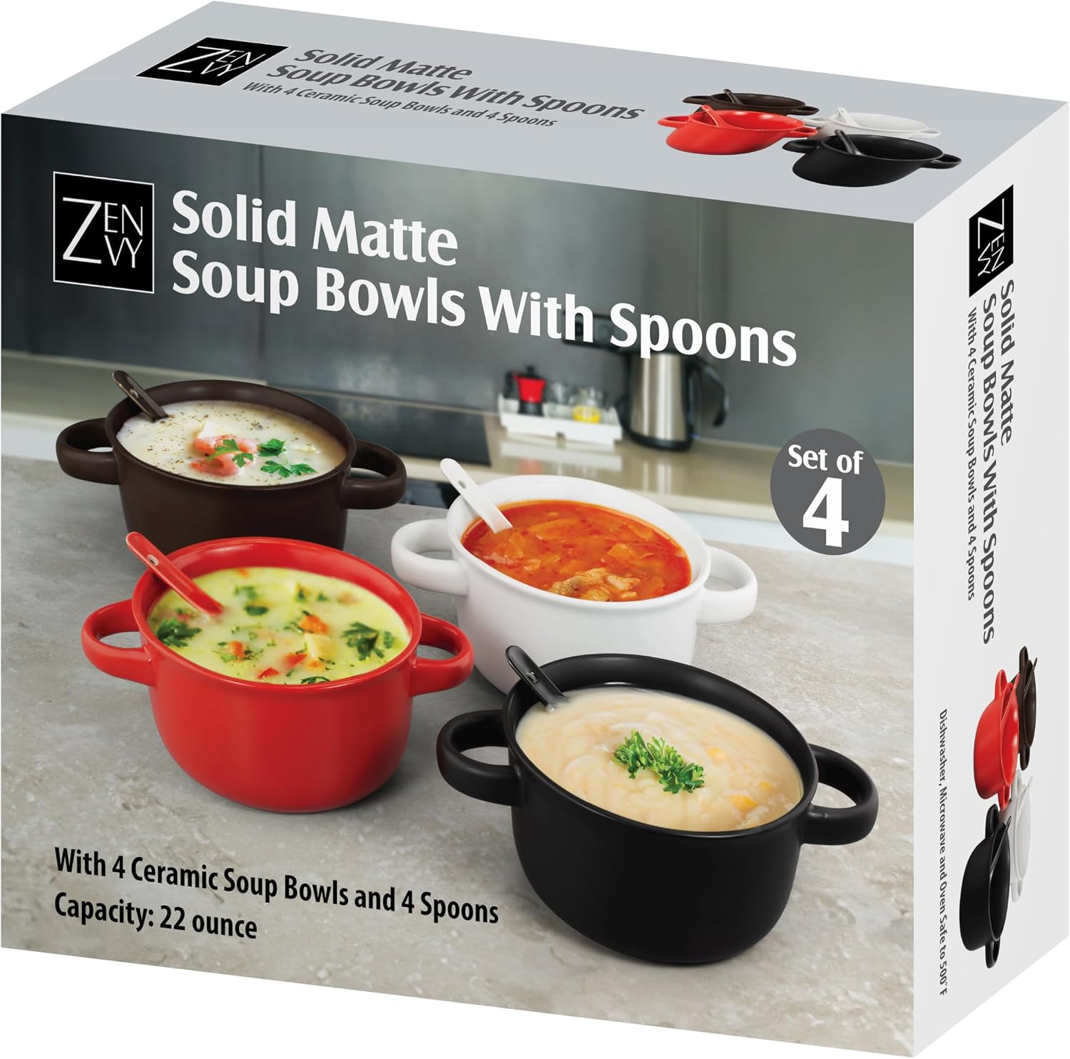 ZENVY Soup Bowl Set of 4 | Ceramic Soup Bowls and Spoons | 22 Ounce (Solid Matte)