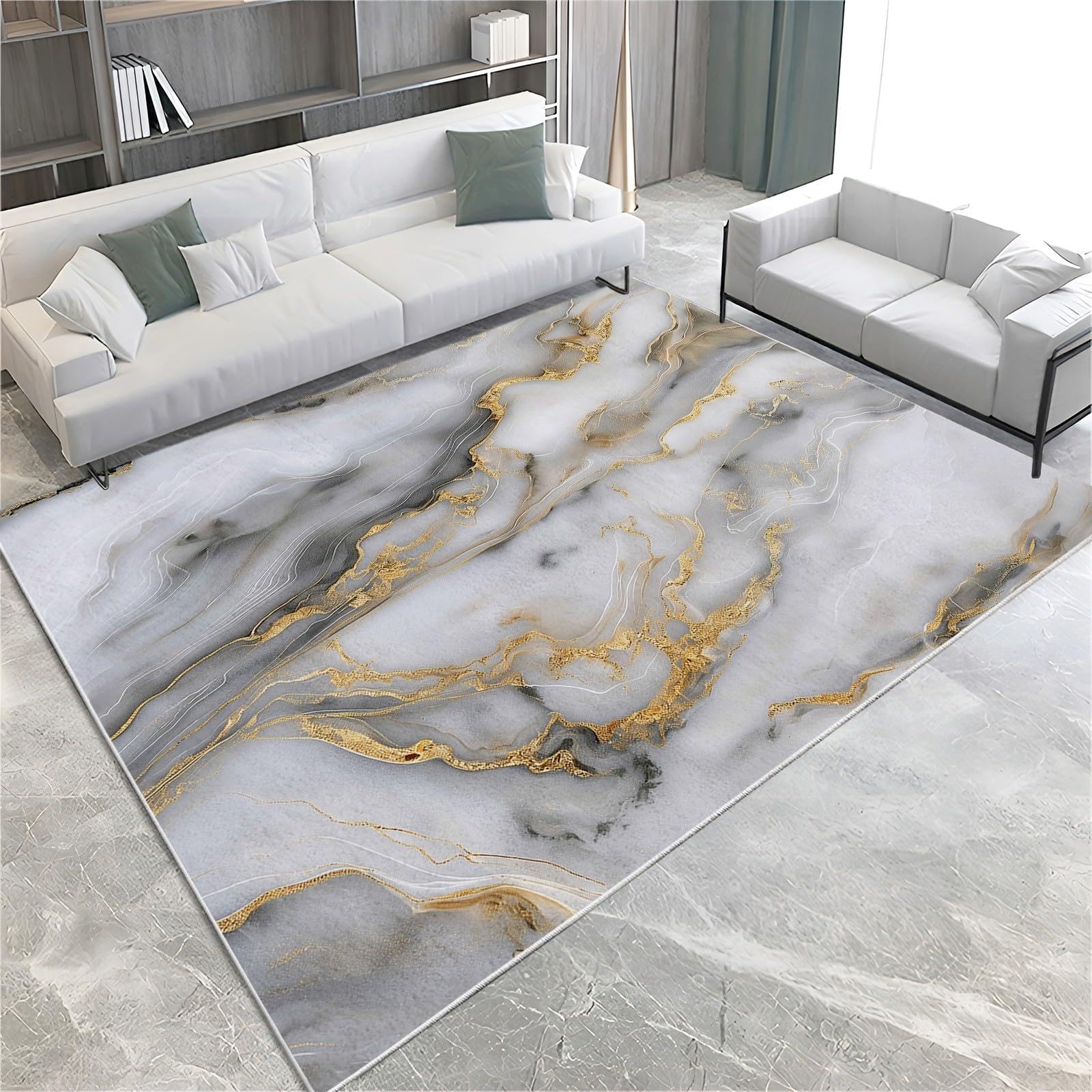 Tappeto in marmo grigio oro, tappeto per soggiorno, 160x240 cm, tappeto moderno per camera da letto a pelo corto, arte astratta, tappeto lavabile morbido e antiscivolo, tappeto per ufficio