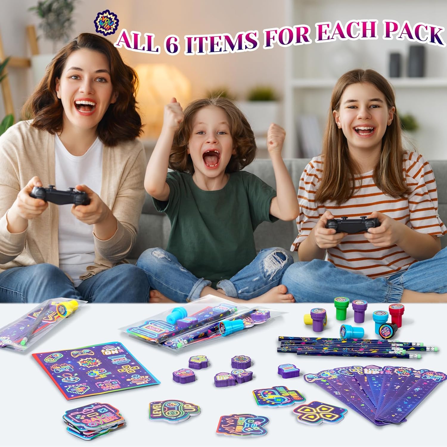 Cholemy 168 Pcs Neon Video Game Party Favors Include Gaming Mini Notebook Gamer Birthday Sticker Pencil Stamper Ruler Eraser for Boy Teen Game Gifts Classroom Rewards Favor Party Supplies Decor (Cool)